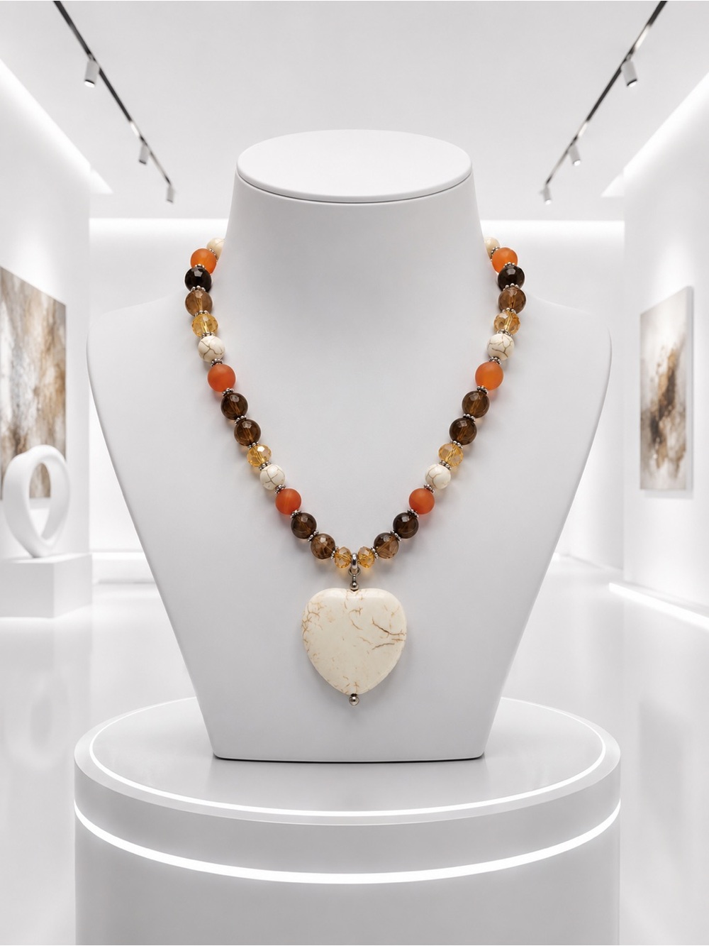 🆕😍Howlite Heart Pendant Semi Precious Necklace in Cream, Brown & Orange